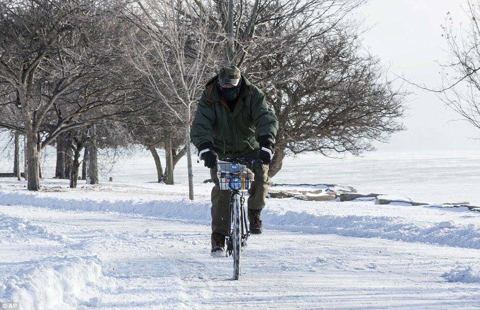 Wrapped up: In this photo, a cyclist donning warm clothing is pictured riding through a park with the frozen Lake Michigan  behind him