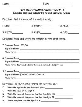  4th grade common core math place value worksheets by christine lynn