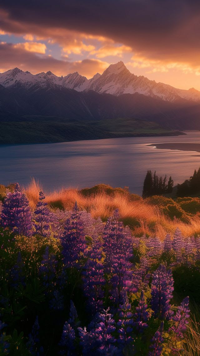 Wallpaper New Zealand, 5k, 4k wallpaper, 8k, mountain, sunset, flowers