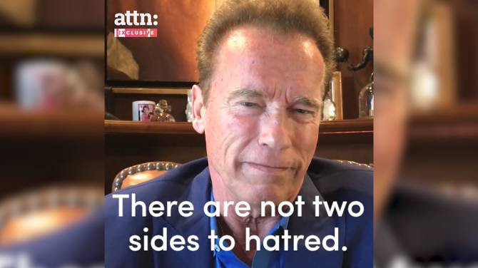 Image result for Schwarzenegger addresses trump, no two sides for hatred