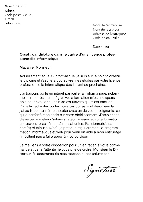 Lettre de motivation Licence Pro Informatique - Modèle de 
