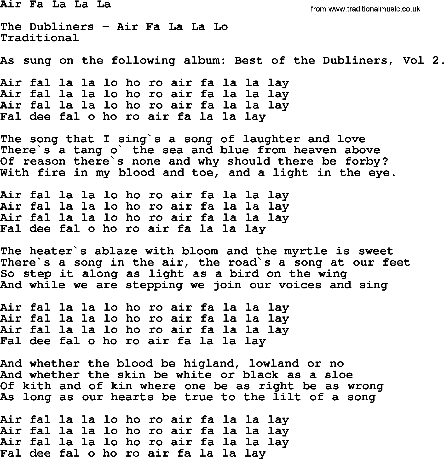 Air Fa La La La By The Dubliners Song Lyrics And Chords