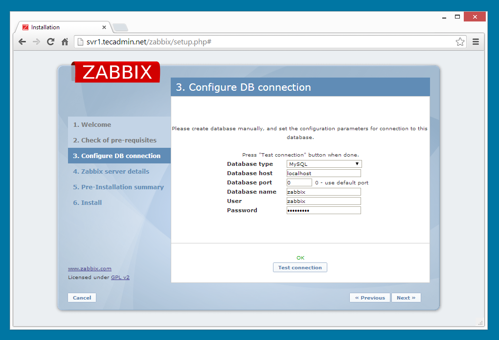 Zabbix installation step 3