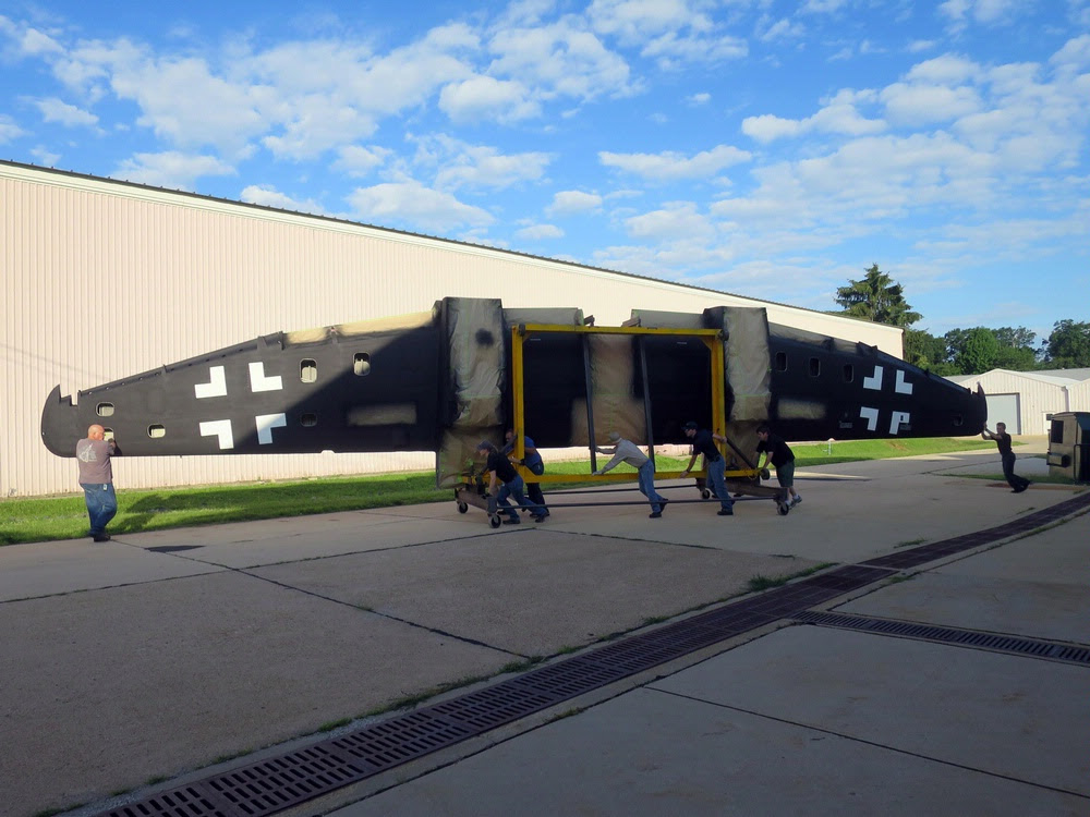 The He 219 wing is rolled out of the paint booth