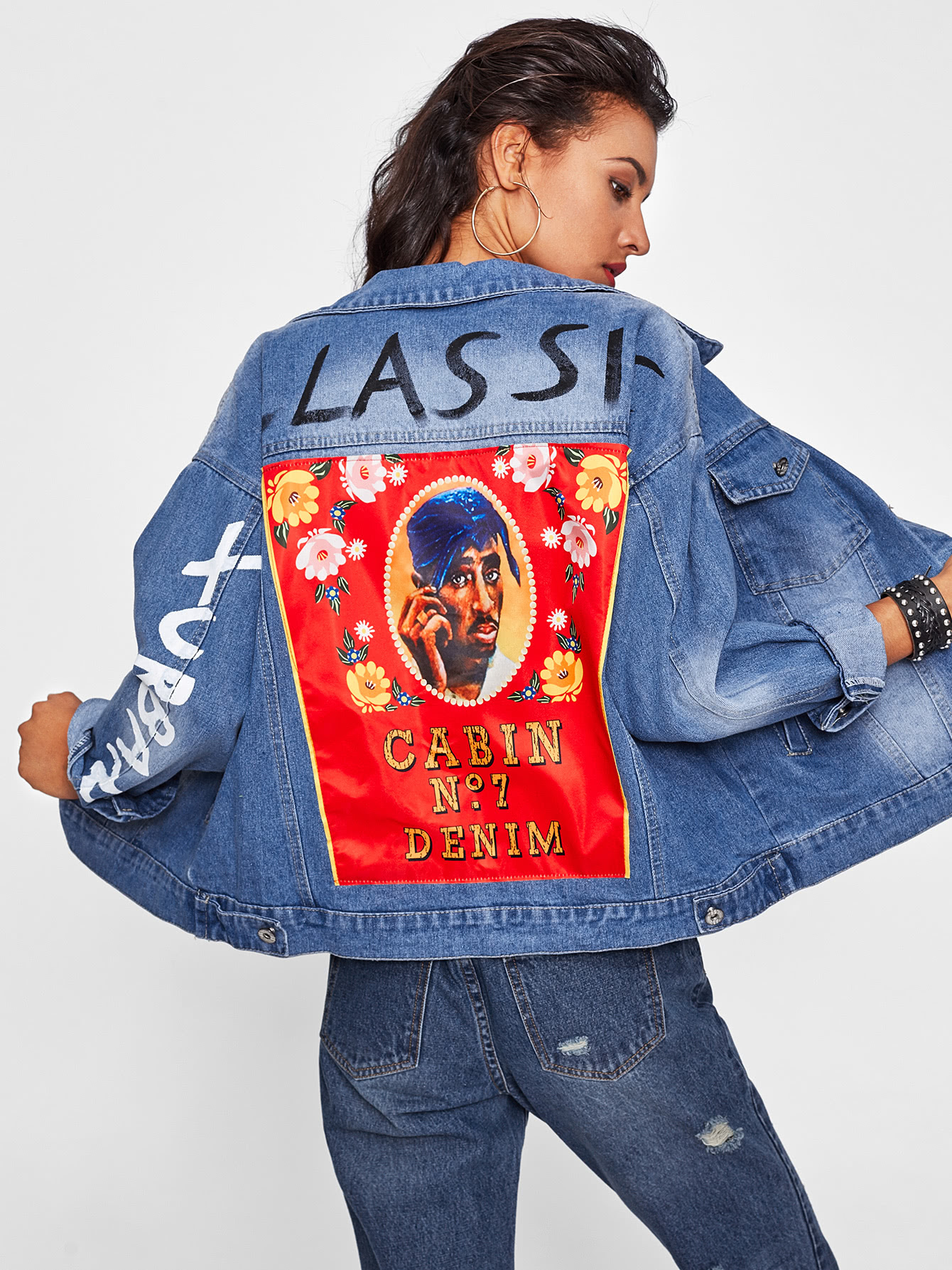 Patch Back Letter Print Bleach Wash Denim Jacket EmmaCloth 