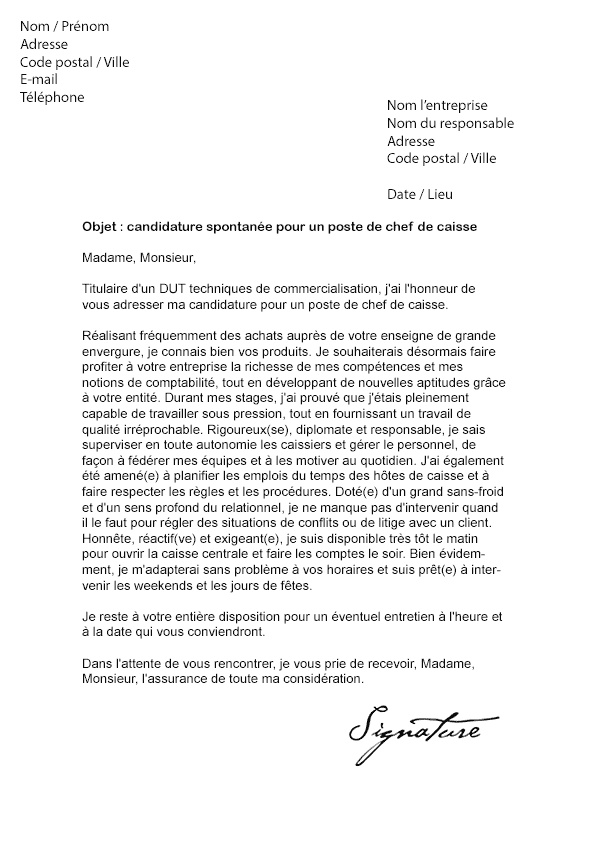 Lettre de motivation Chef de caisse - Modèle de Lettre