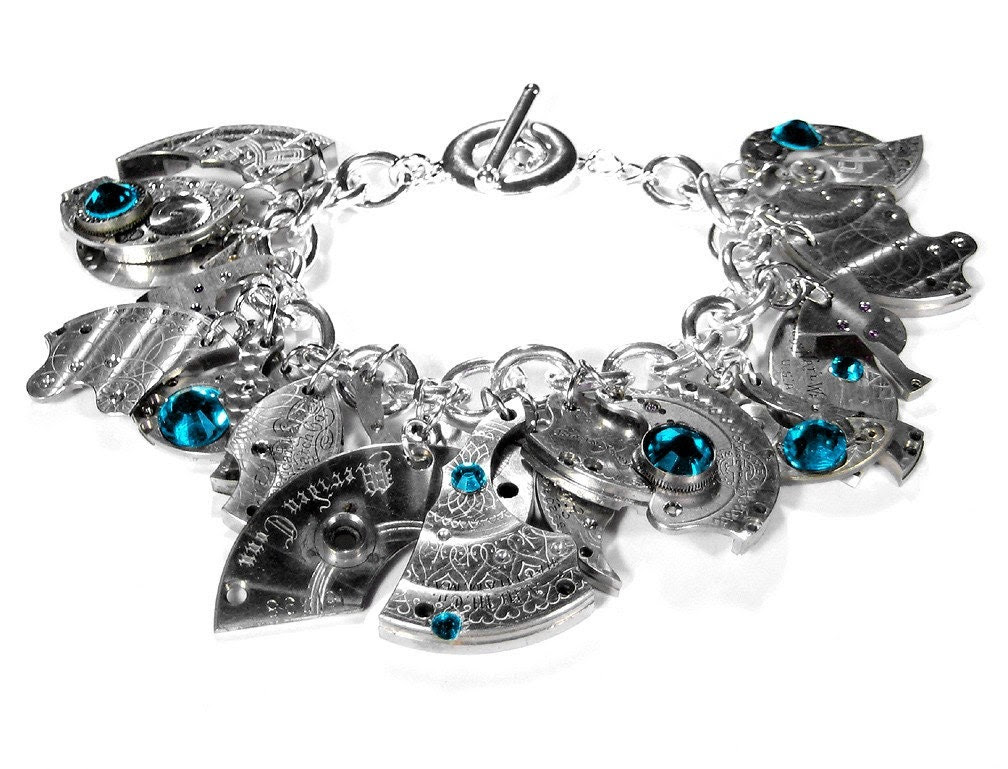 Steampunk Bracelet Sterling Silver Watch Parts Dangle Bracelet Etched ...