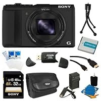 Sony DSC-HX50V/B DSC-HX50, HX50, DSCHX50 20.4MP Digital Camera with 3-Inch LCD Screen Bundle with 32GB Class 10 High Speed SD Card, Spare Battery, External Battery Charger, Micro HDMI Cable, SD Card Reader, Table top Tripod, Camera Case + More