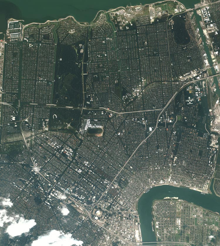 An overview of New Orleans after Katrina. Image collected August 31, 2005.