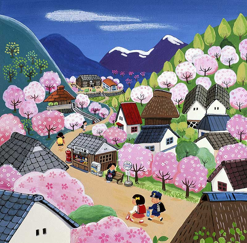 桜咲く里山で通学路を歩く小学生イラスト ストックイラスト 衛星写真素材blog 株式会社アートバンク オフィシャルブログ