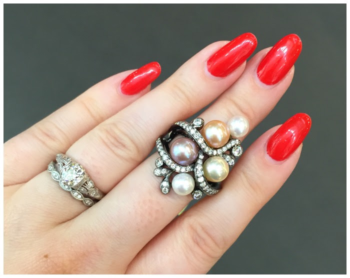 A beautiful pearl and diamond ring by Yoko London.