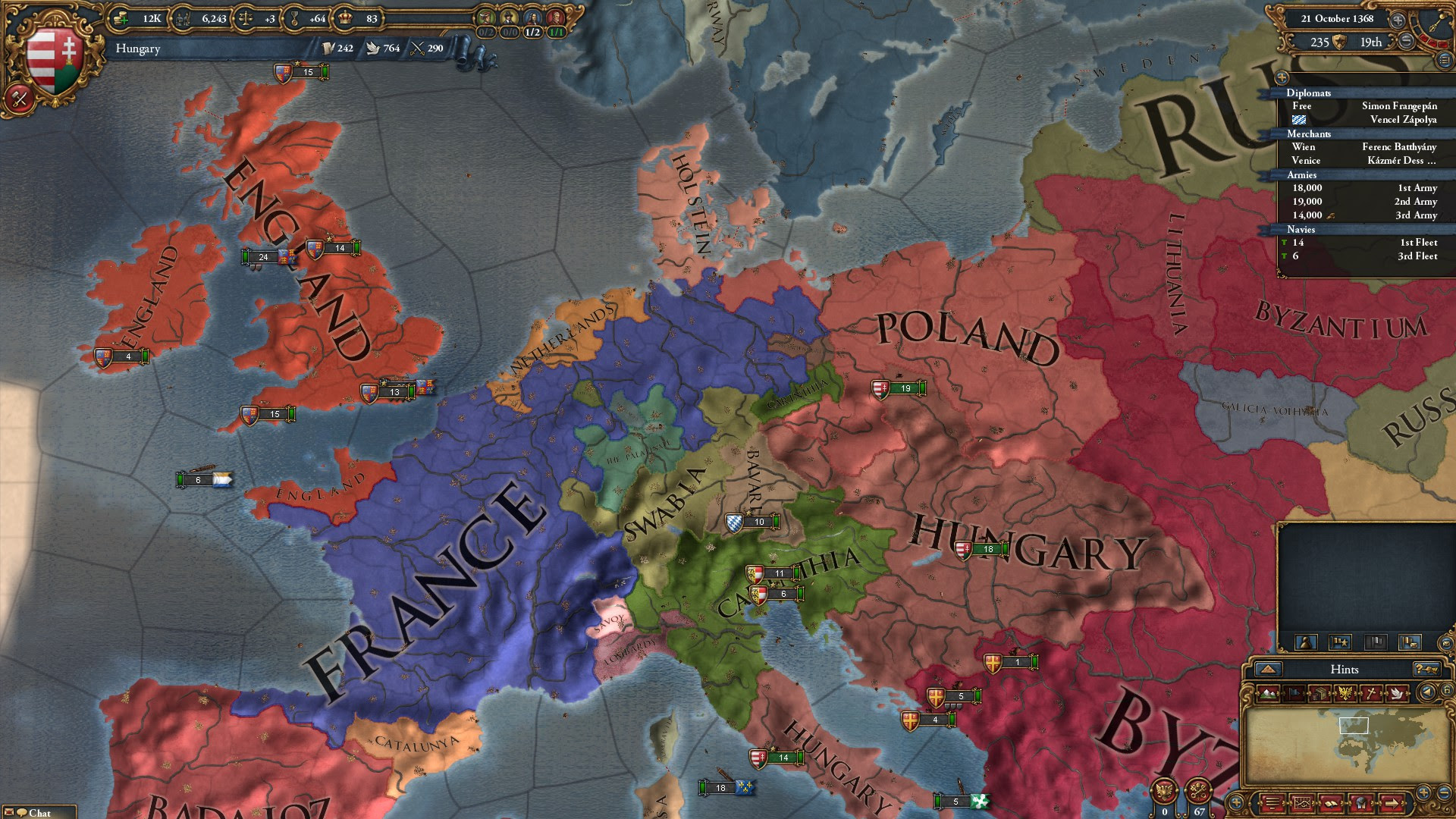 Playing as Hungary, Byzantium is under a PU with France as ...