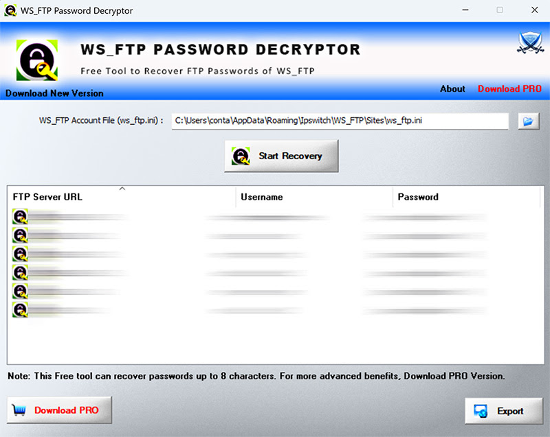 WS_FTPPasswordDecryptor showing recovered passwords