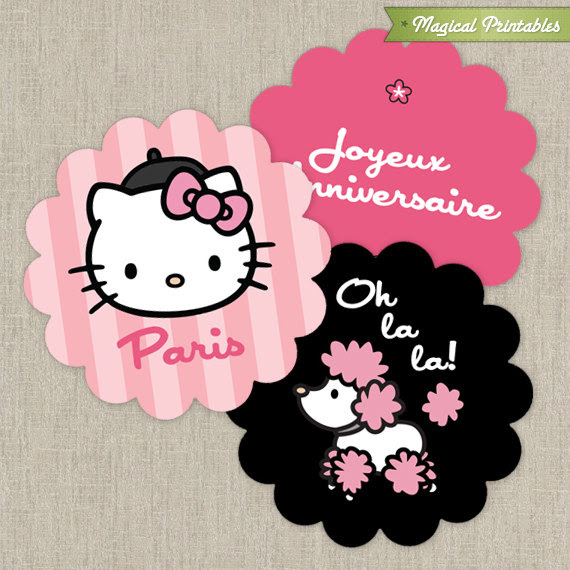 Hello Kitty With French Poodle Paris Printable 2 In Circle Labels Pink And Black