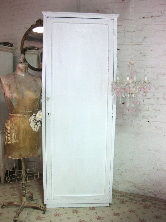 Tall Vintage Hand Painted White Linen Cabinet