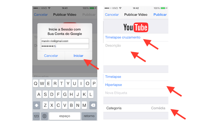Fazendo login no YouTube e fornecendo as informações básicas sobre o vídeo que deseja postar pelo iOS (Foto: Reprodução/Marvin Costa)