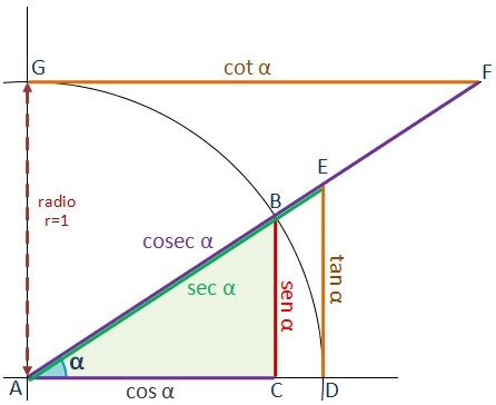 Dibujo de las funciones trigonoméricas de un triángulo sobre una circunferencia de radio 1