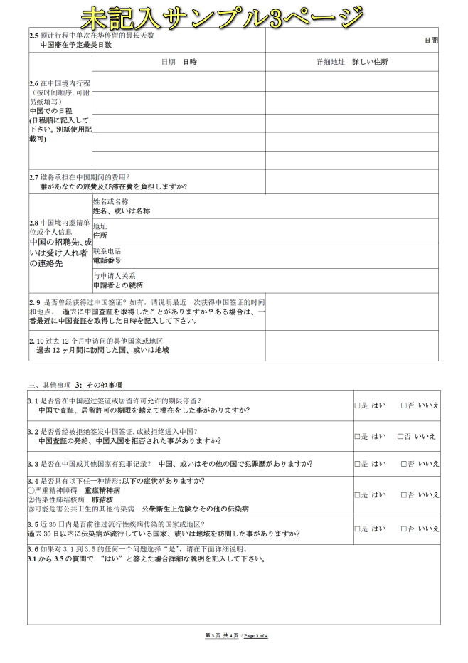 中国ビザ申請書
