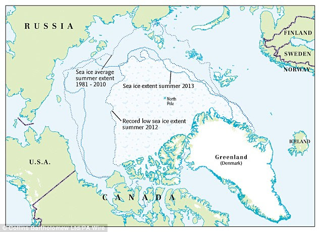 The maps also show the extend to which sea ice is retreating. Arctic sea ice melts each summer, reaching its lowest extent in September, and the changes to the sea ice cover are seen by scientists as a sensitive indicator of the warming climate