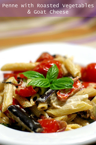 Penne with roasted vegetables & goat cheese