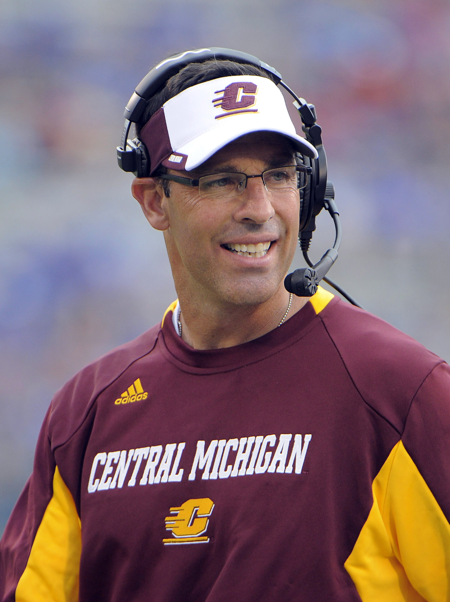 Sep 20, 2014; Lawrence, KS, USA; Central Michigan Chippewas head coach Dan Enos on the sidelines against the Kansas Jayhawks in the second half at Memorial Stadium. Kansas won the game 24-10. (John Rieger-USA TODAY Sports)