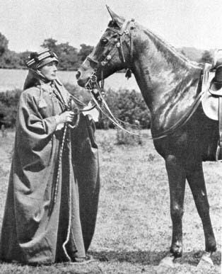 A black-and-white photograph of a European woman dressed in beduoin robes and head covering standing in front of a dark horse equipped with a bridle and saddle.