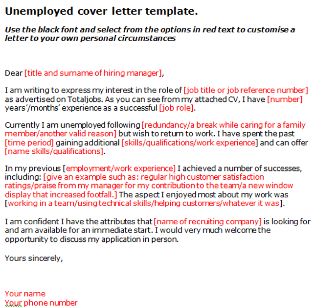 Currently Unemployed Cover Letter July 2021