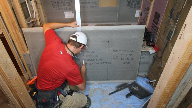 Installing Water-Resistant Bathroom Drywall and Cement Board for Tile Walls in a Jack-and-Jill Basement Bathroom @Remodelaholic