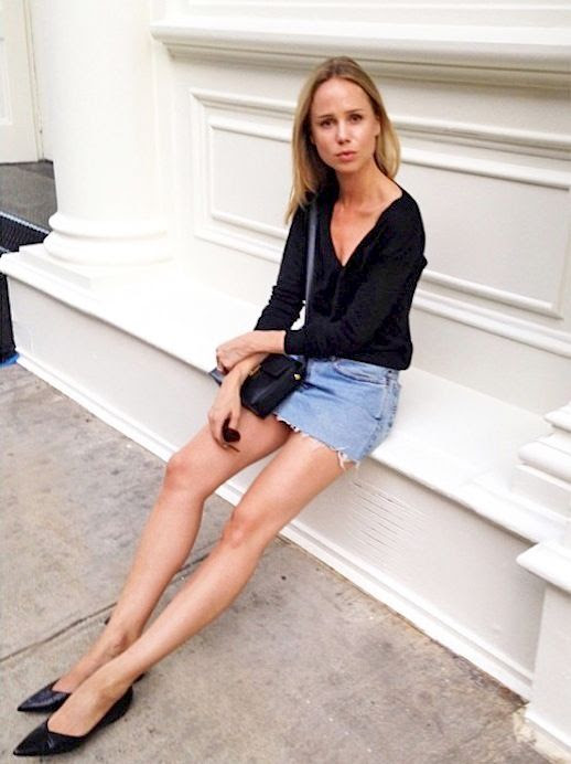 Le Fashion Blog Minimal Style Black Long Sleeved Top Leather Bag Mini Denim Skirt Black Pointed Toe Flats Via @elinkling