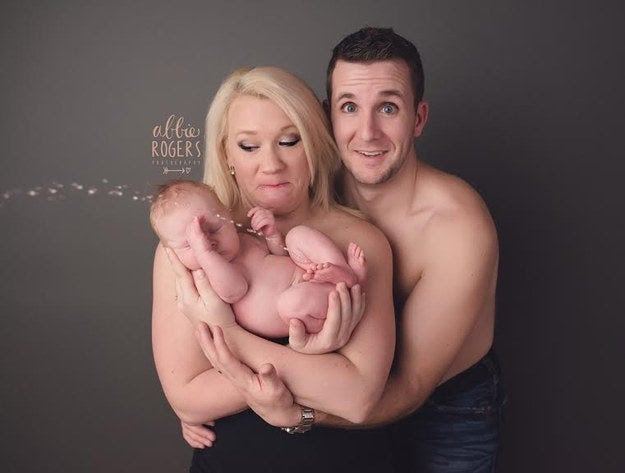 A family in Indiana is making a lot of people laugh after their newborn photographer captured the sometimes messy reality of infant photo shoots.