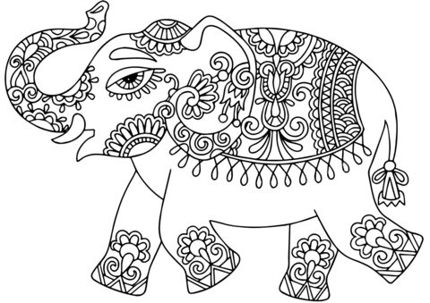 elephant with indian pattern coloring page  free printable