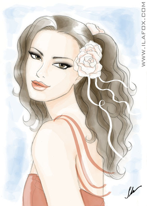 Mulher de cabelos enrolados com flor no cabelo, romana, ilustração by ila fox