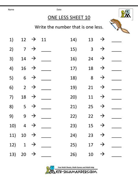  kindergarten math printable worksheets one less