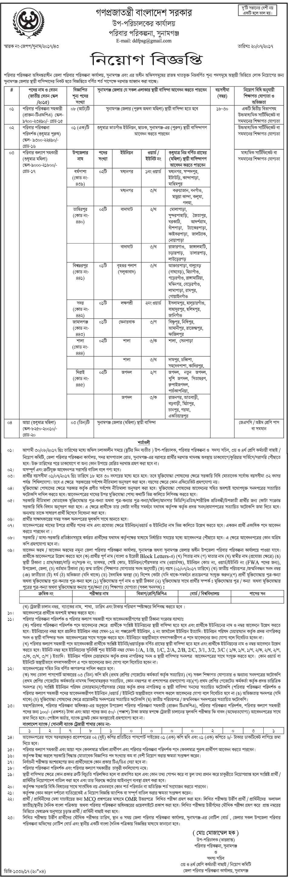 District family planning office Sunamganj Job Circular 2017