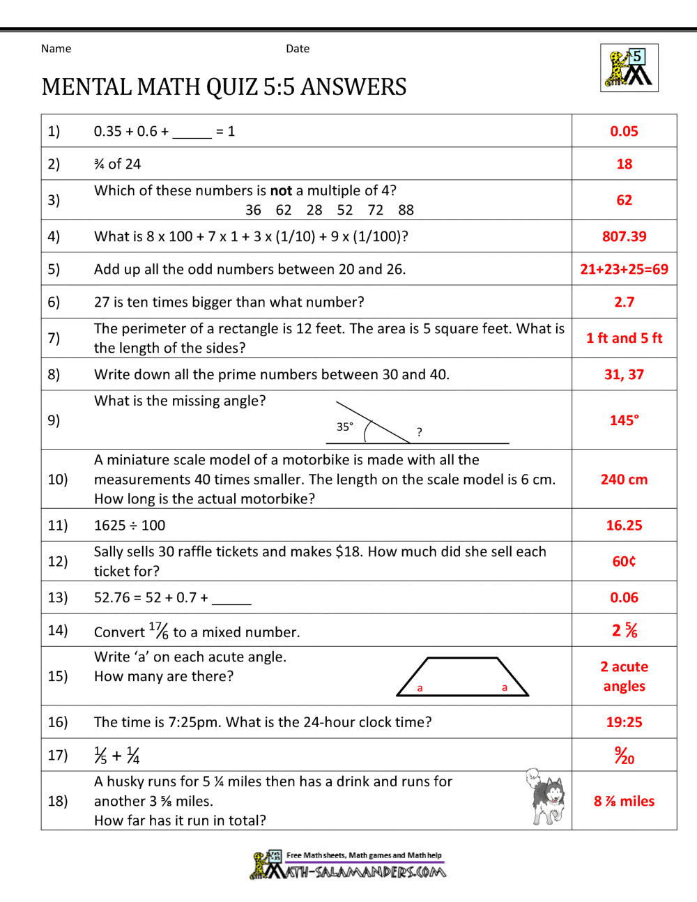 Mental Math 5th Grade