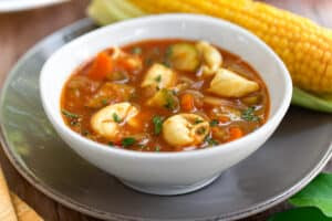 Fresh tomato soup with tortellini or ravioli