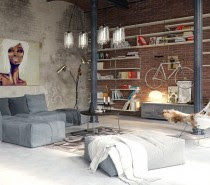 The first space has turned its supports into design elements, using a column style that speaks to elegance rather than industry. The vaulted ceiling and oversized windows make the space feel wide open while a brick ceiling and concrete floor ensure plenty of extravagant echoes. The division between spaces in this particular design are very fluid and barely perceptible, but carefully placed rugs and furniture does give some semblance of separate rooms.