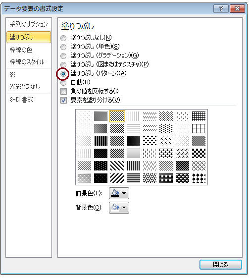 Excel2010-2016：グラフで「塗りつぶしパターン」を利用する（模様 