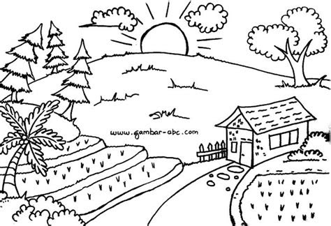 gambar sketsa lukisan pemandangan alam hitam putih