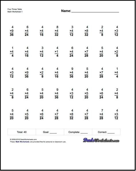  multiplication worksheets for four times table multiplication time