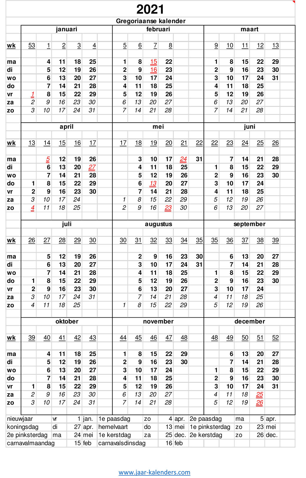 kalender 2021 per 4 weken