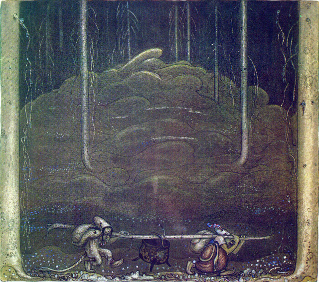 John Bauer - When evening came, troll mother and the boy sneaked out of the mountain. They carried the trolls' cauldron between themselves on a stick, 1914