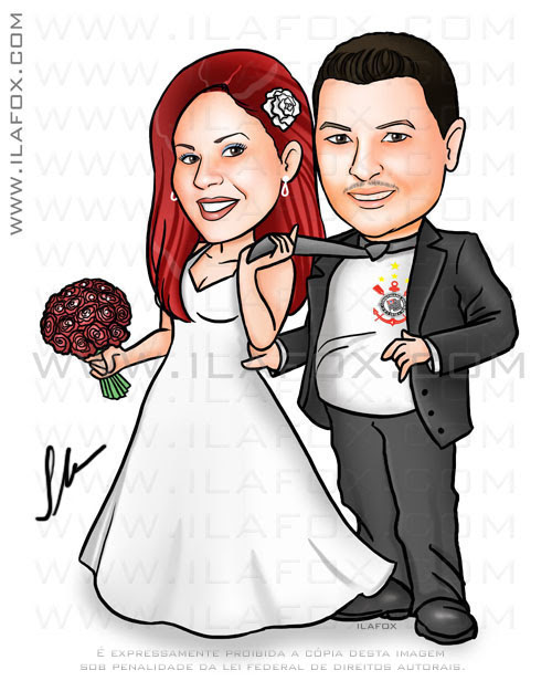 Caricatura noivos, corpo inteiro, noiva ruiva, noivo corinthiano, caricatura para casamentos by ila fox