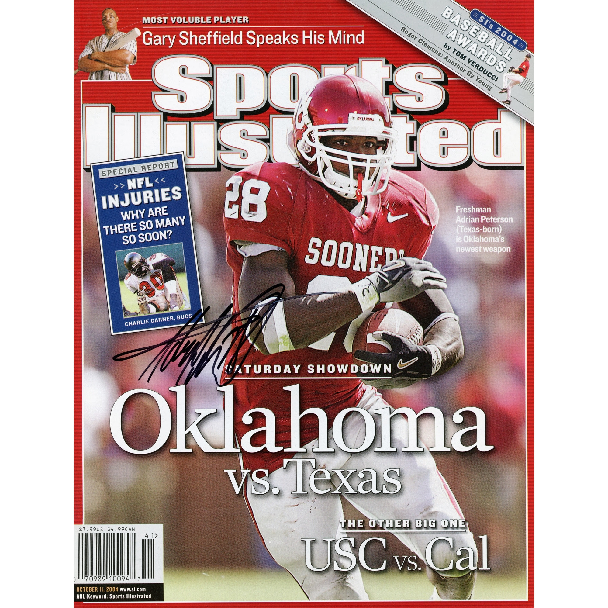 Adrian Peterson Oklahoma Sooners Autographed Oklahoma Sooners vs Texas Longhorns Sports Illustrated Magazine with No Label