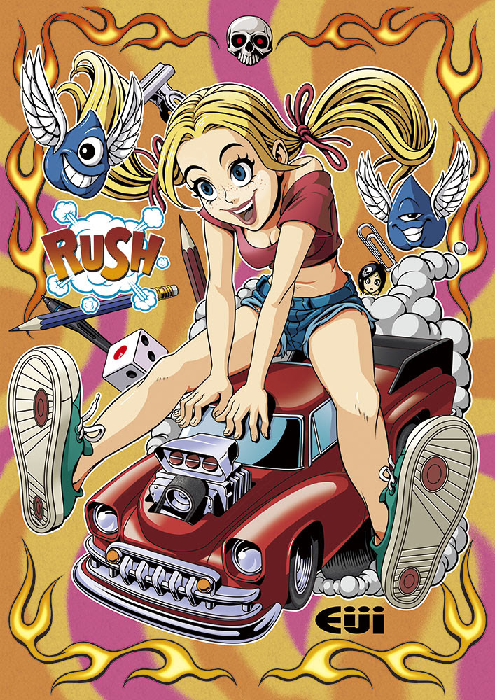 ホットロッドでアメリカンなツインテールの女の子イラスト Rush