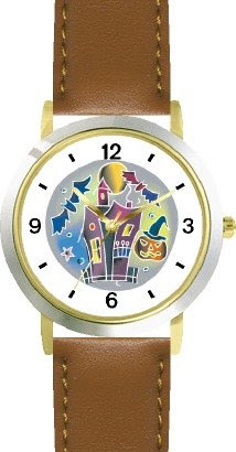 Halloween Haunted House - WATCHBUDDY® DELUXE TWO-TONE THEME WATCH - Arabic Numbers - Brown Leather Strap-Size-Large ( Men's Size or Jumbo Women's Size )