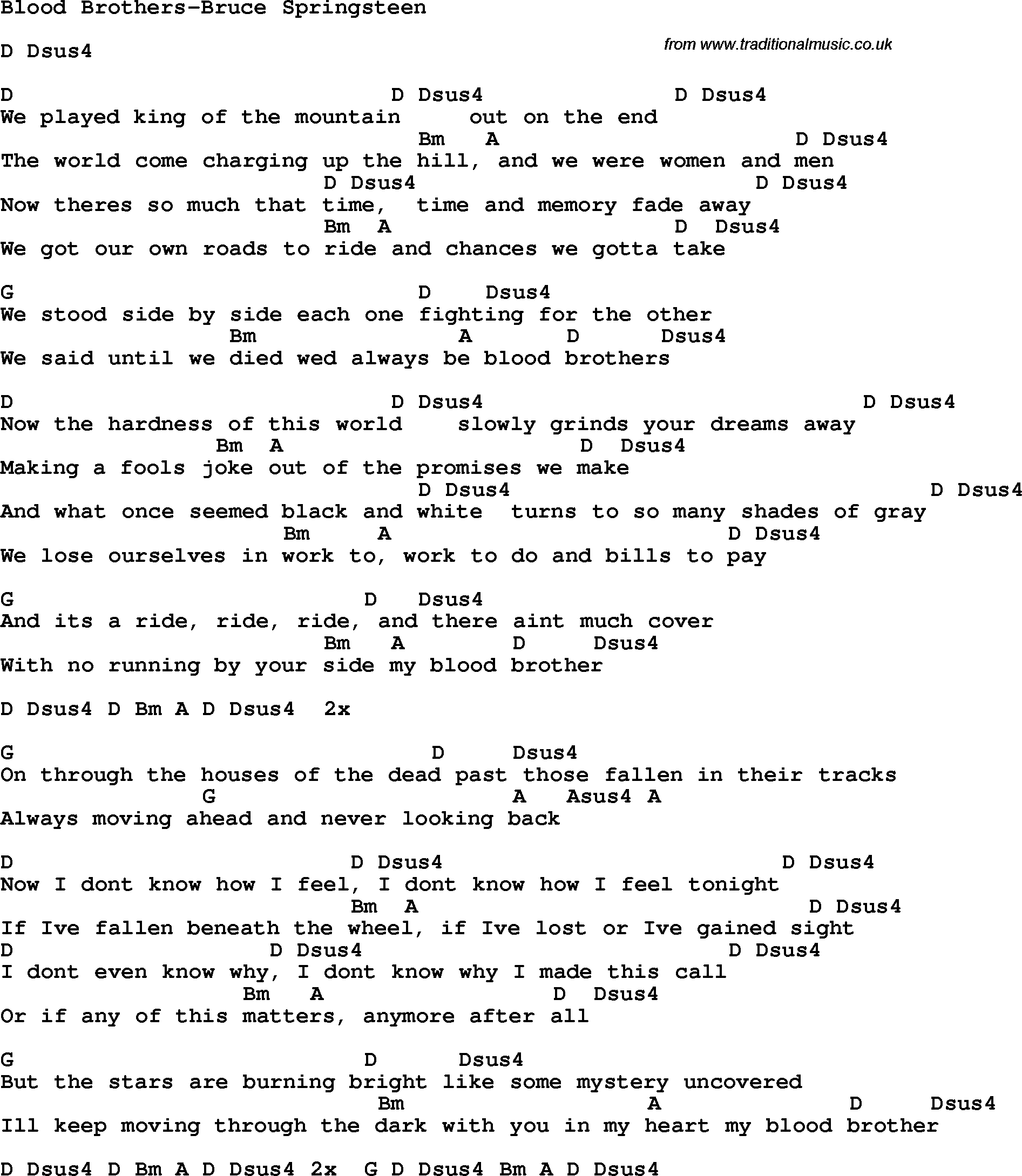 Protest Song Blood Brothers Bruce Springsteen Lyrics And Chords