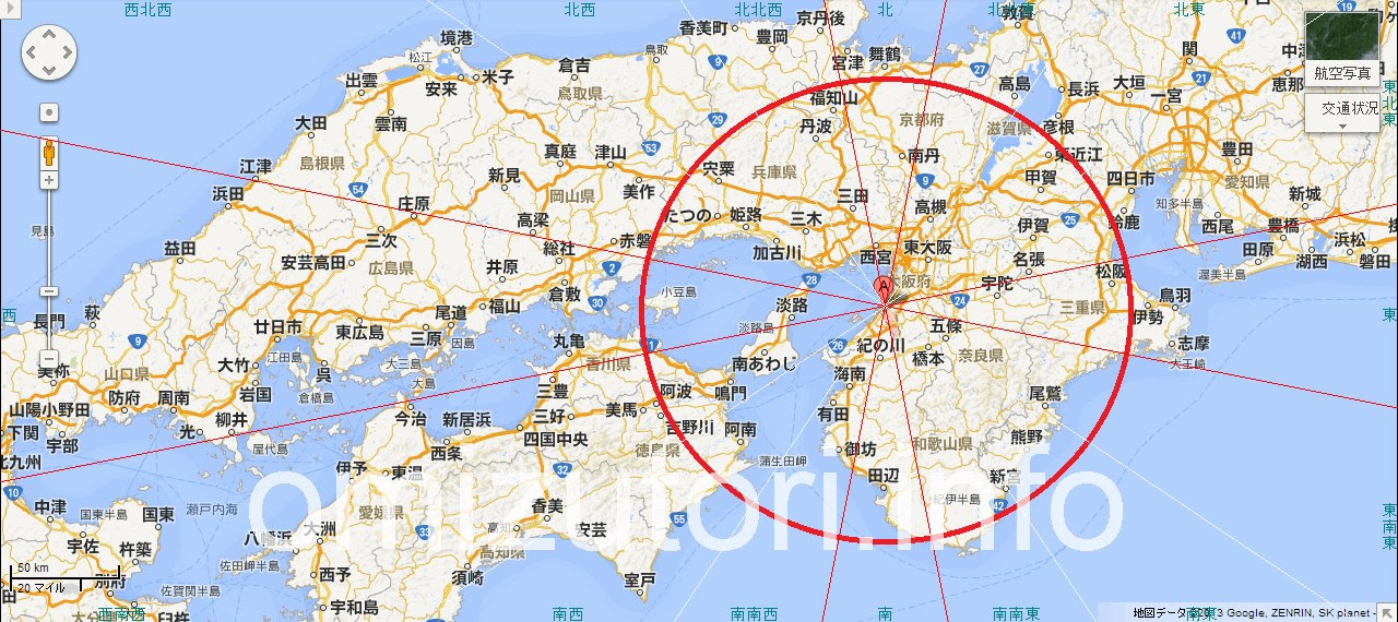 大阪府大阪市から見た吉方位地図 主なパワースポット