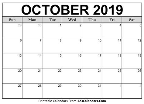 On this page, you will find 52 october 2025 calendars that are all for free download and print! october 2019 calendar blank easily printable 123calendars
