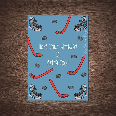  a birthday card with hockey socks and ice skates on it says here your
